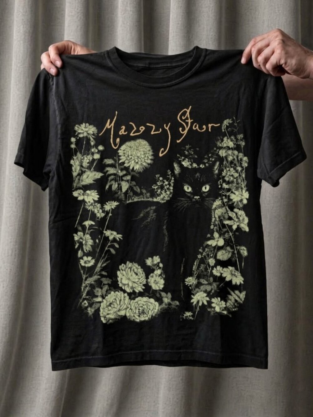 Black Cat Wildflower Garden Graphic Tee Men's Black Botanical Vintage NWT